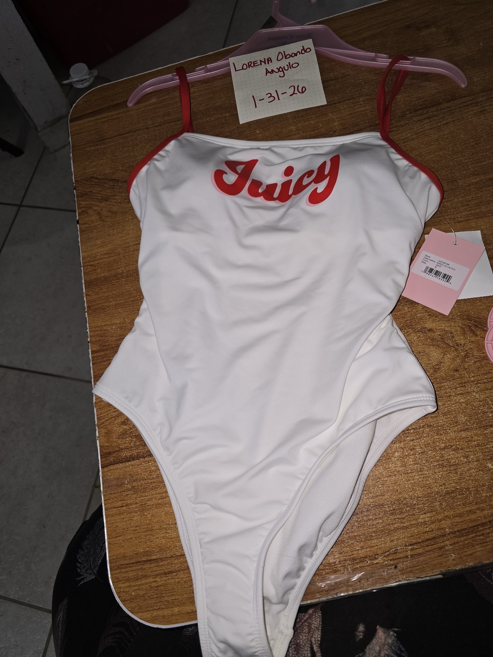 Juicy Couture White One-Piece Swimsuit with Red Accents and Logo
